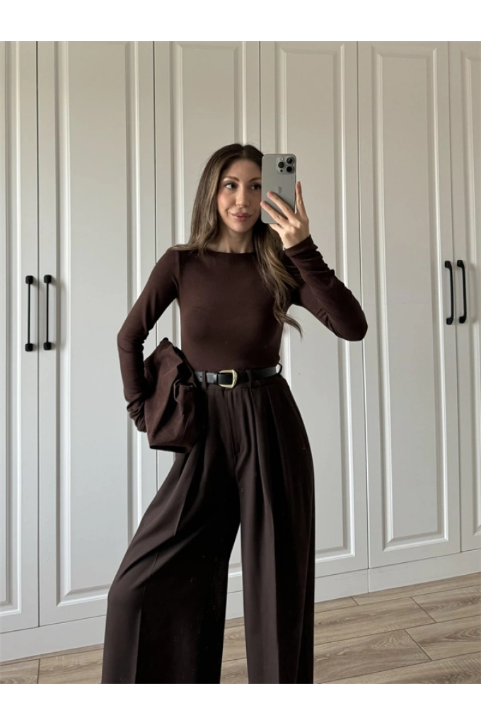 Likralı Uzun Kol Kahve Body
