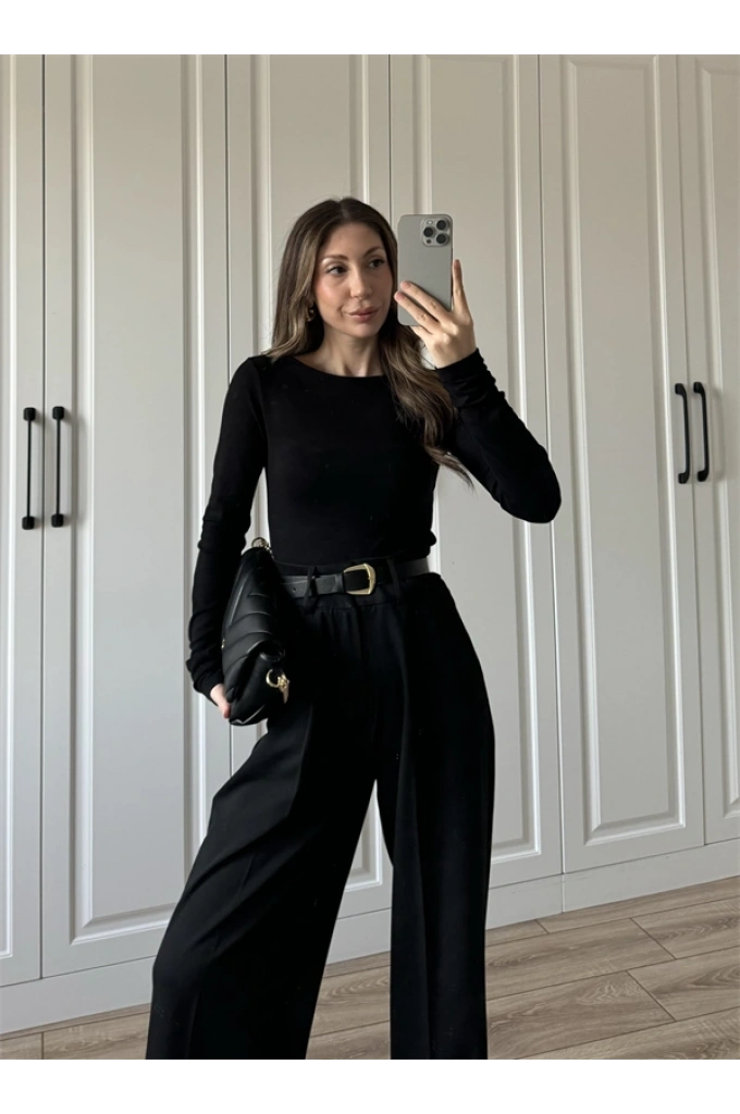Likralı Uzun Kol Siyah Body