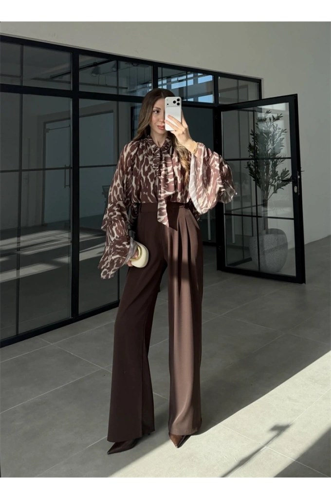 Lily Kahve Desenli Tül Bluz