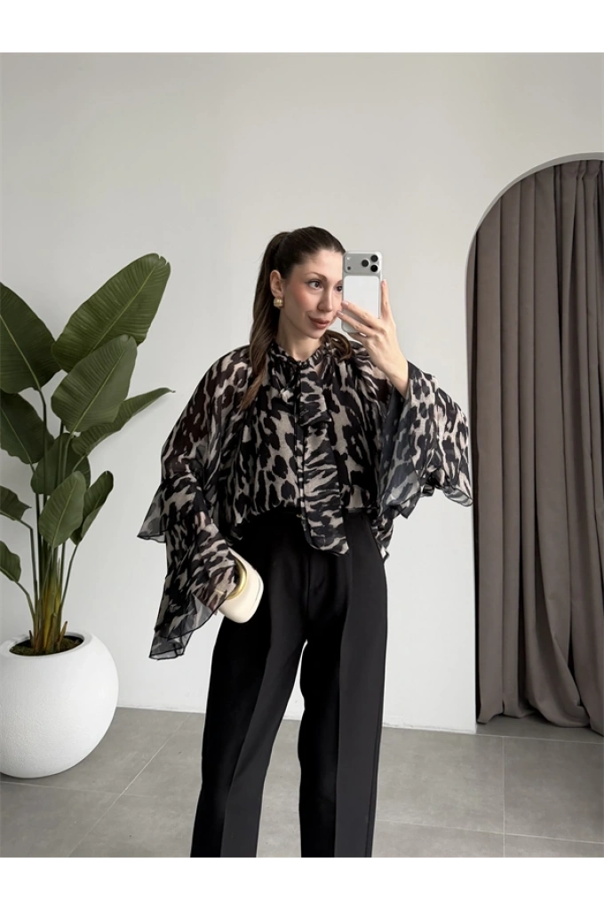 Lily Siyah Desenli Tül Bluz