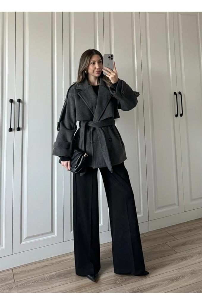 Luxe Astarlı Yün Dokulu Premium Antrasit Kaban