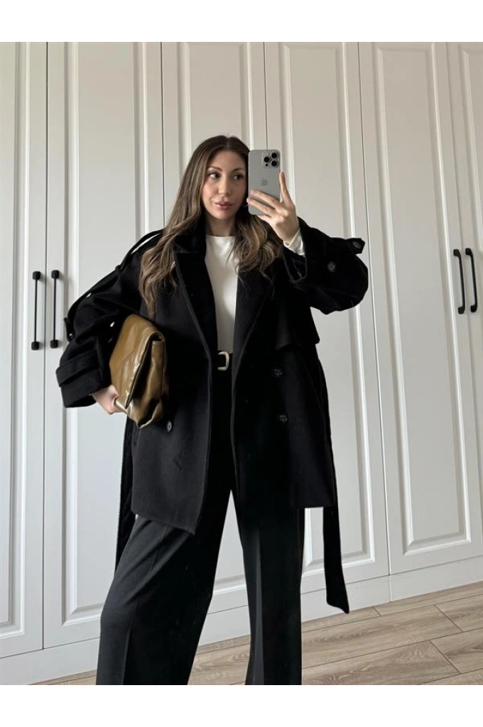 Luxe Astarlı Yün Dokulu Premium Siyah Kaban