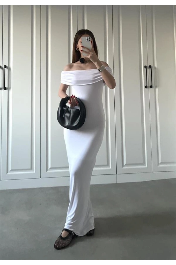 Madonna Beyaz Likralı Astarlı Elbise