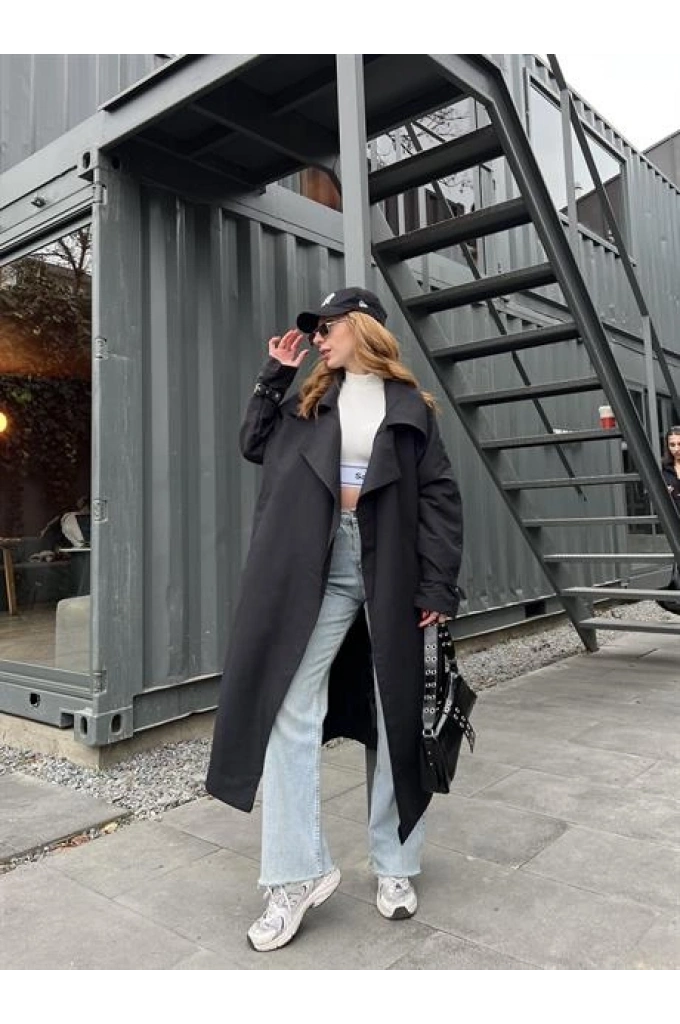 Mango Model Oversize Siyah Trençkot