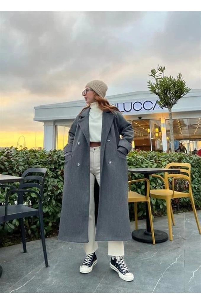 Mango Model Premium Kuşaklı Antrasit Oversize Kaban