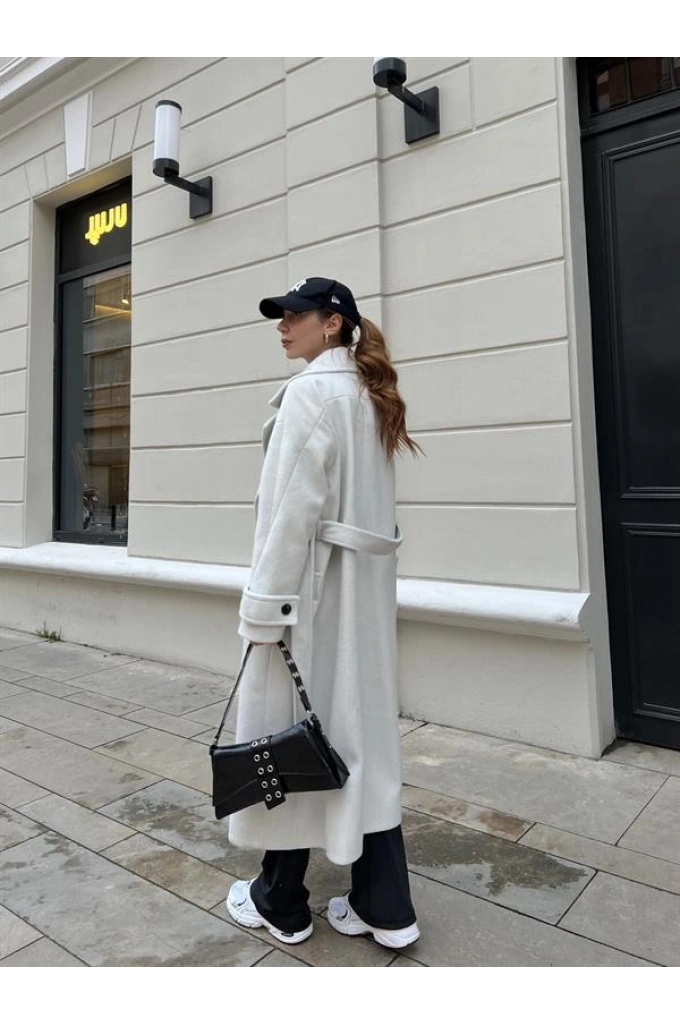 Mango Model Premium Kuşaklı Buz Gri Oversize Kaban