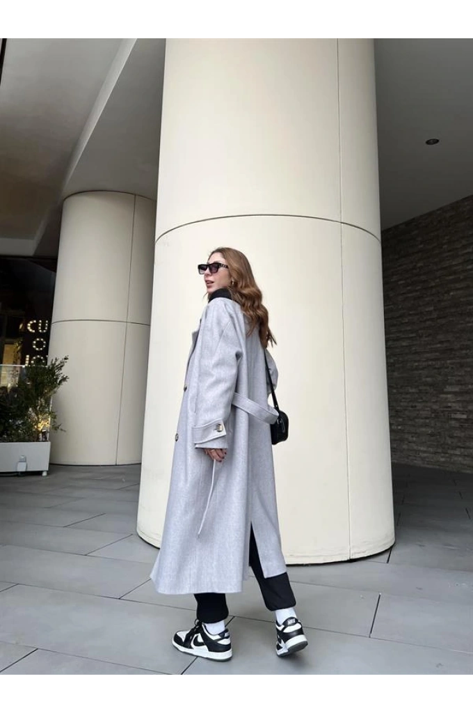 Mango Model Premium Kuşaklı Gri Oversize Kaban