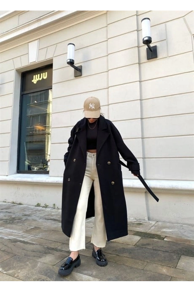 Mango Model Premium Kuşaklı Siyah Oversize Kaban