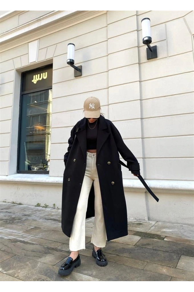 Mango Model Premium Kuşaklı Siyah Oversize Kaban