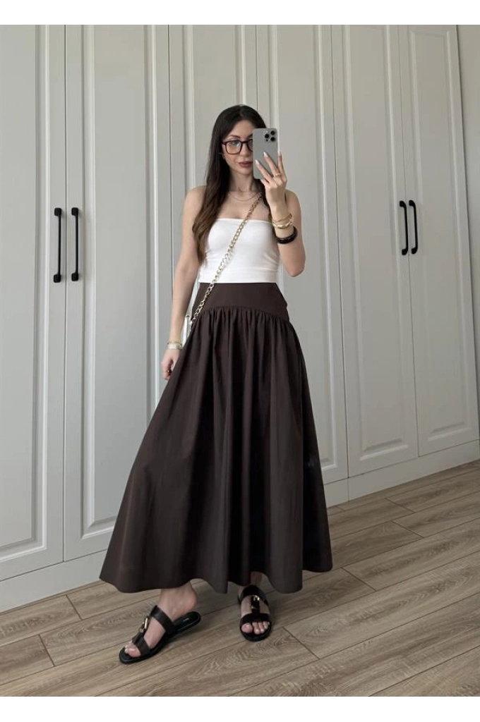 Massi Model Bel Detaylı Kahve Poplin Etek