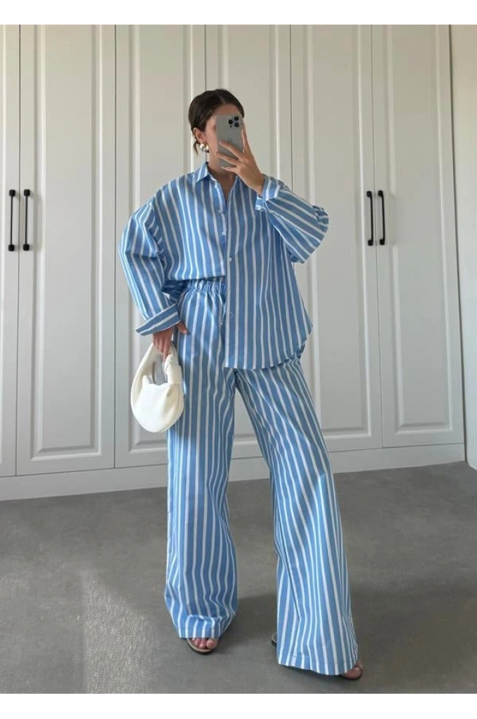 Mavi Çizgili Poplin Takım