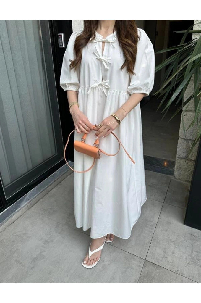 Maxi Önü Bağlamalı Beyaz Elbise