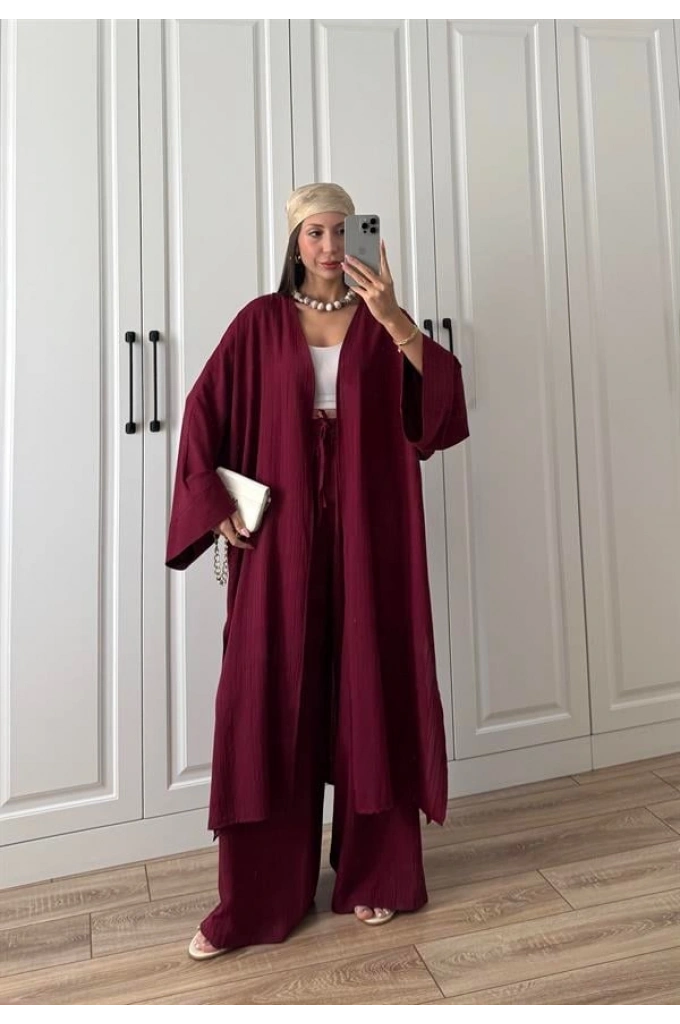 Maxi Uzun Bordo Gofre Kimono Takım