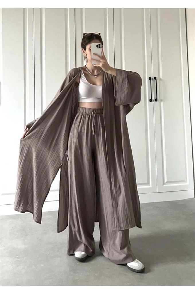 Maxi Uzun Devedikeni Gofre Kimono Takım