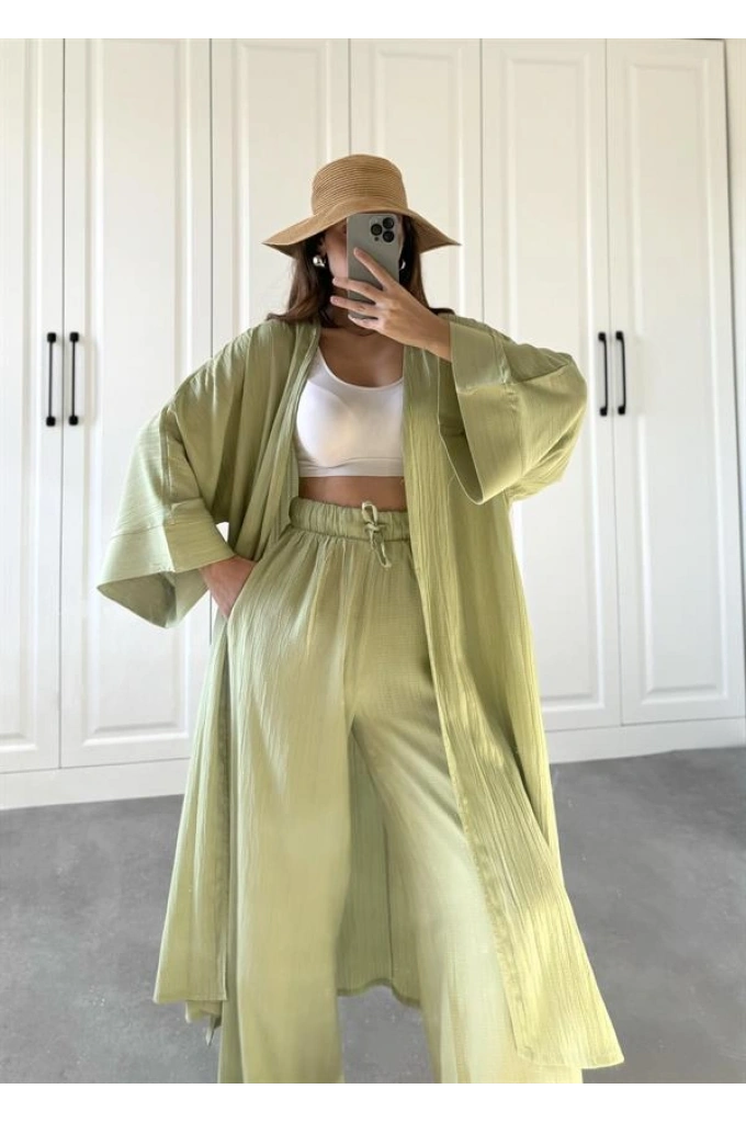 Maxi Uzun Nude Yeşili Gofre Kimono Takım
