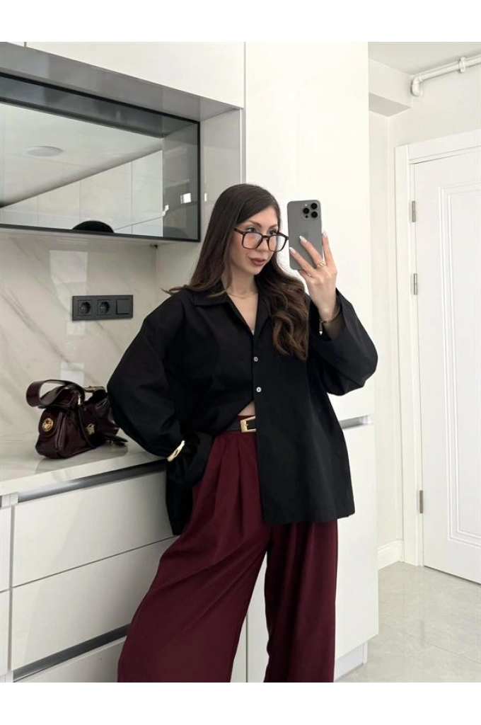 Meka Oversize Premium Siyah Gömlek