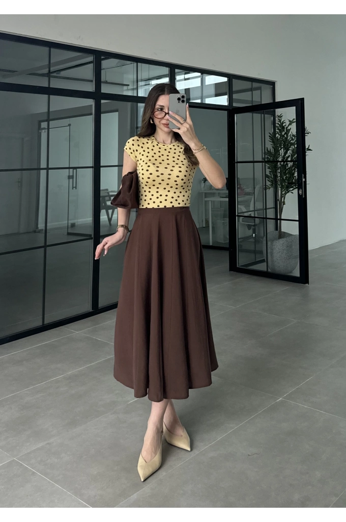 Midi Boy Kahve Tensel Etek