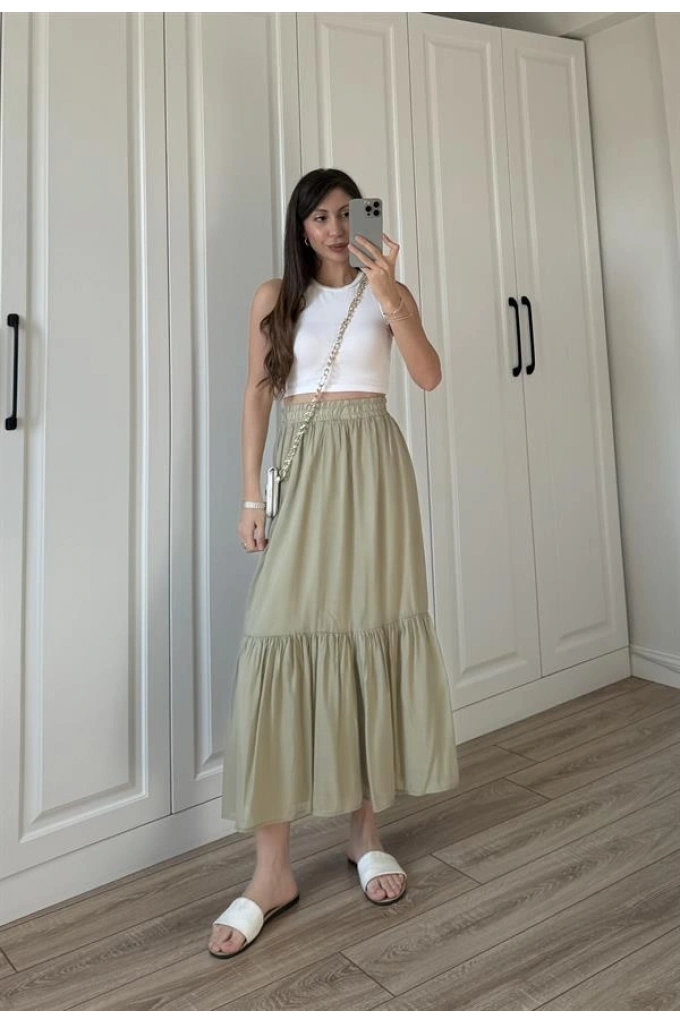 Midi Boy Şifon Astarlı Çağla Etek