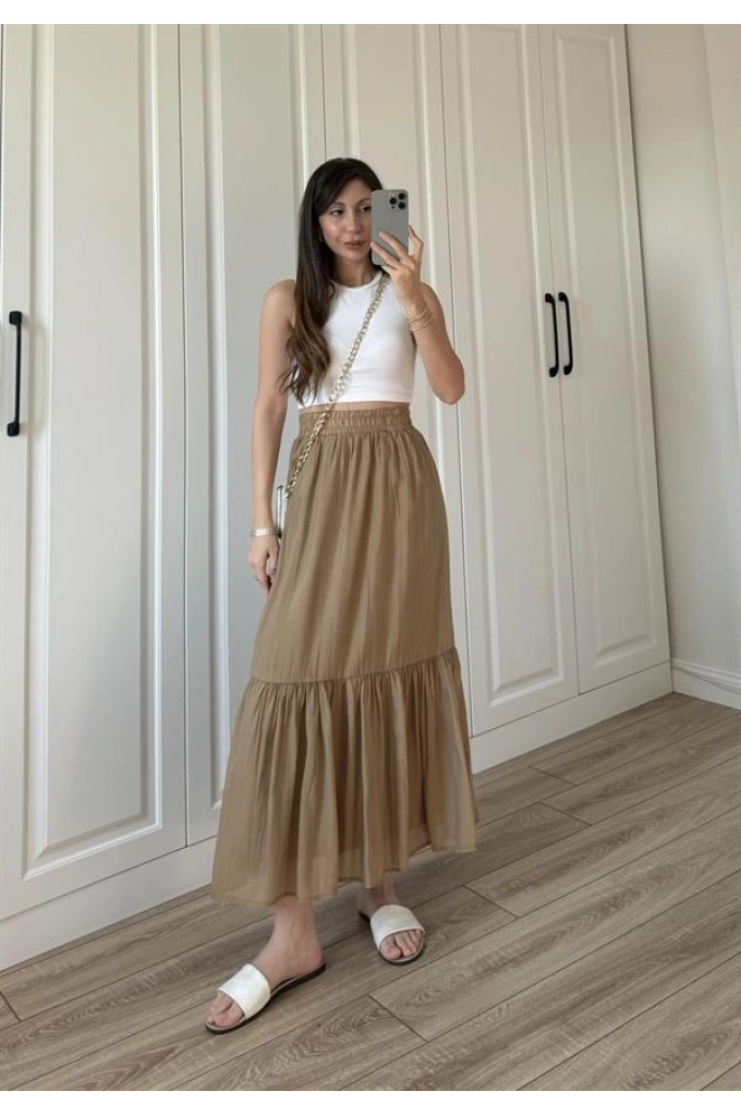 Midi Boy Şifon Astarlı Cappuccino Etek