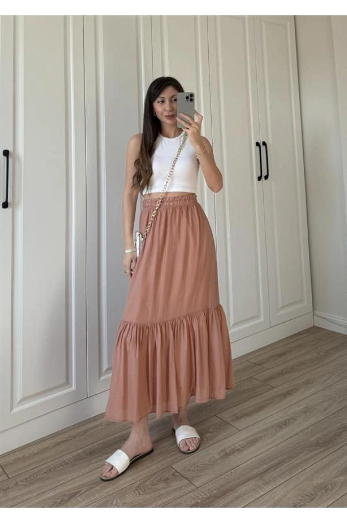 Midi Boy Şifon Astarlı Tarçın Etek