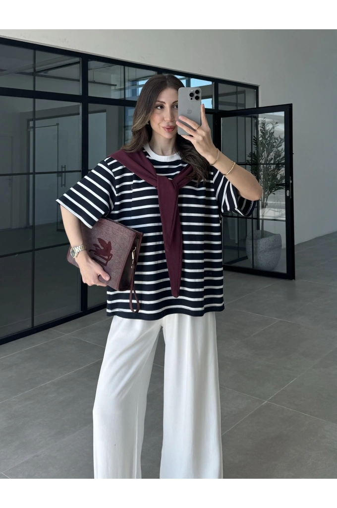 Mürdüm Atkılı Çizgili T-shirt
