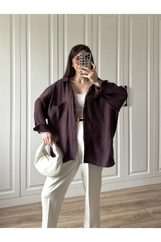 Mürdüm Oversize Tensel Gömlek