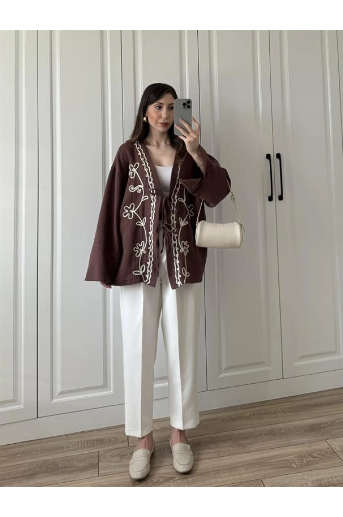 Müslin Kumaş Kahve Nakışlı Kimono