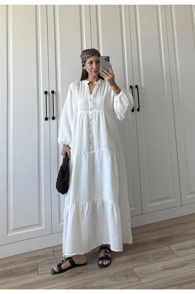 Müslin Kumaş Oversize Beyaz Elbise