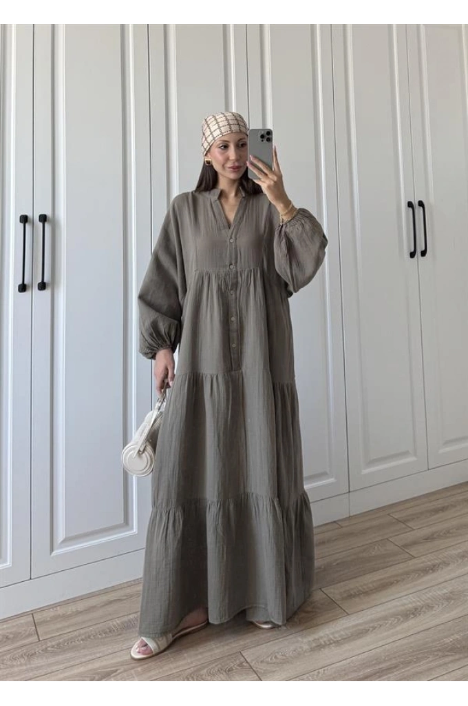 Müslin Kumaş Oversize Haki Elbise