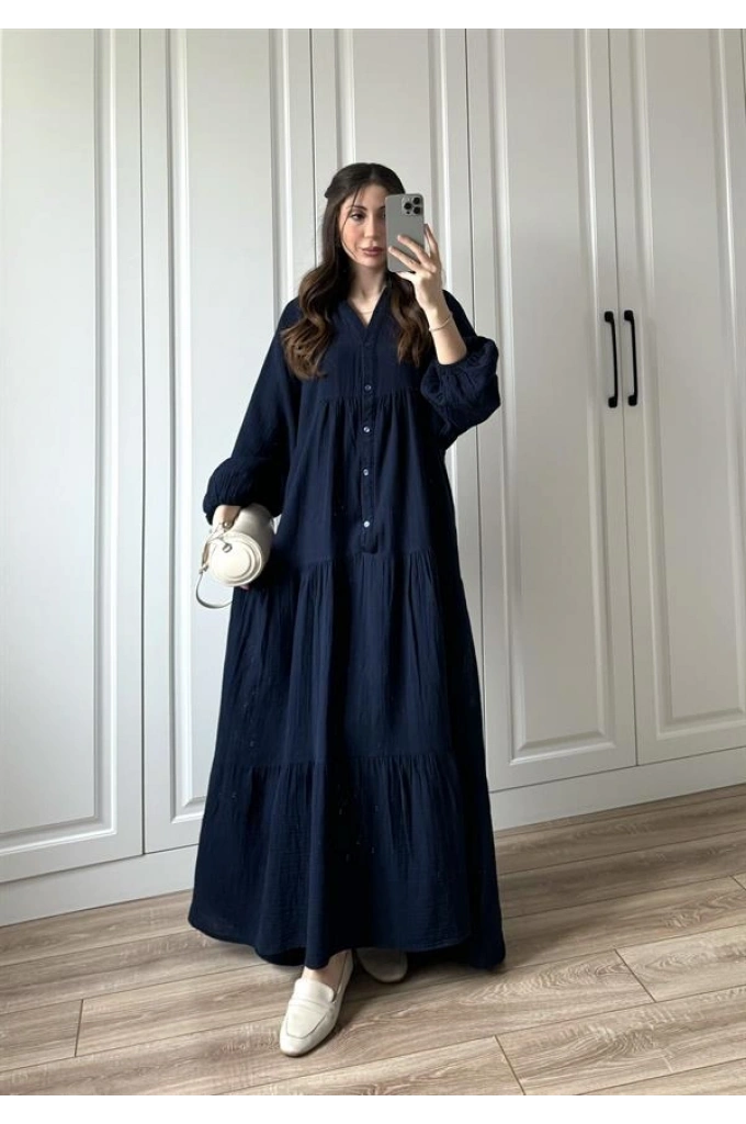 Müslin Kumaş Oversize Lacivert Elbise