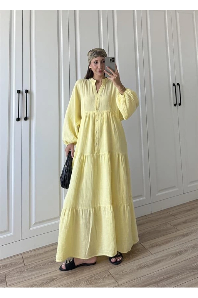 Müslin Kumaş Oversize Sarı Elbise