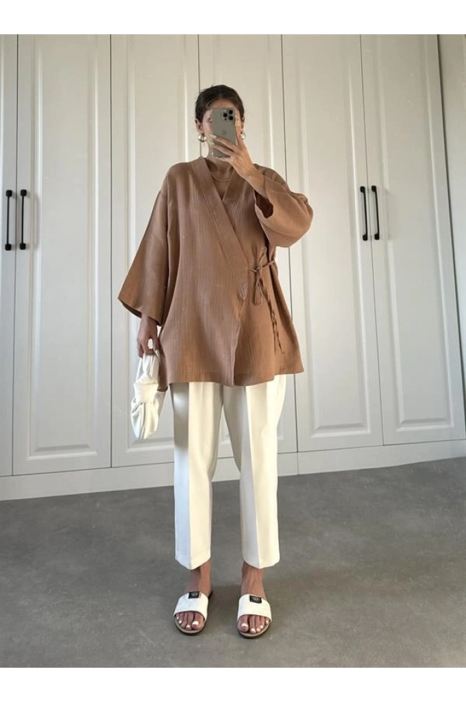 Müslin Kumaş Yandan Bağlamalı Cappuccino Kimono