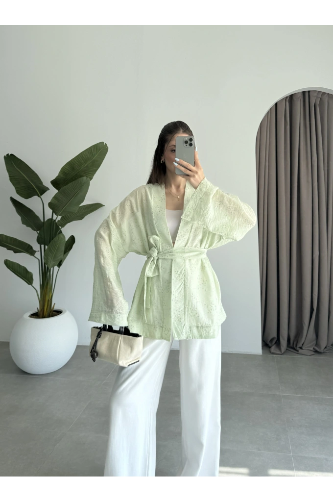 Nakış Baskılı Kuşaklı Adaçayı Kimono