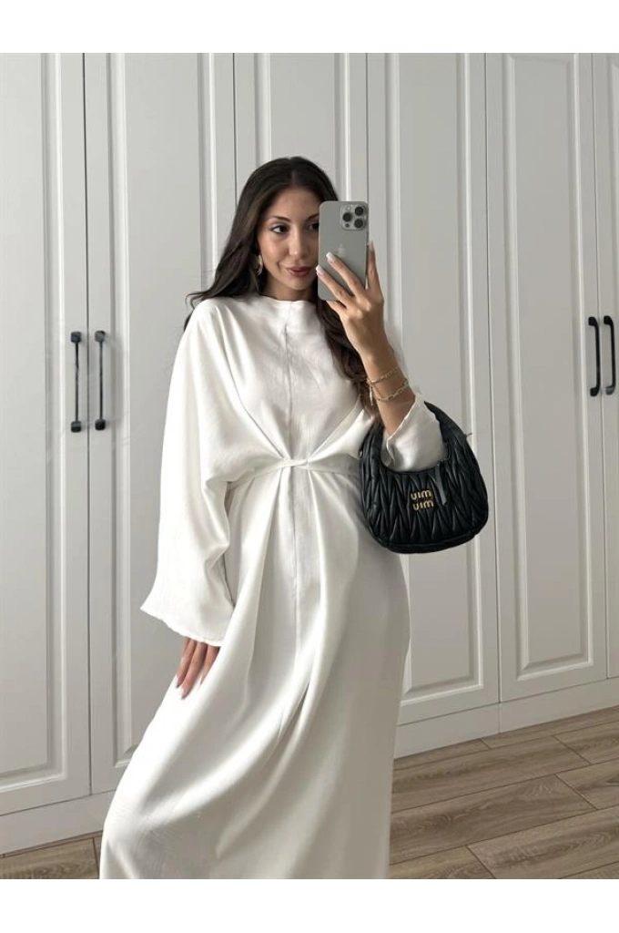 Natur Belden Bağlamalı Beyaz Tensel Elbise