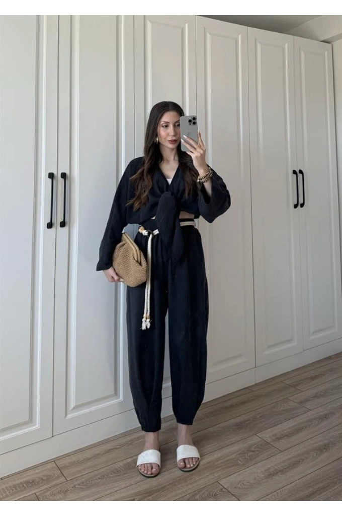Ncy Bohem Kemerli Siyah Crop Tensel Takım