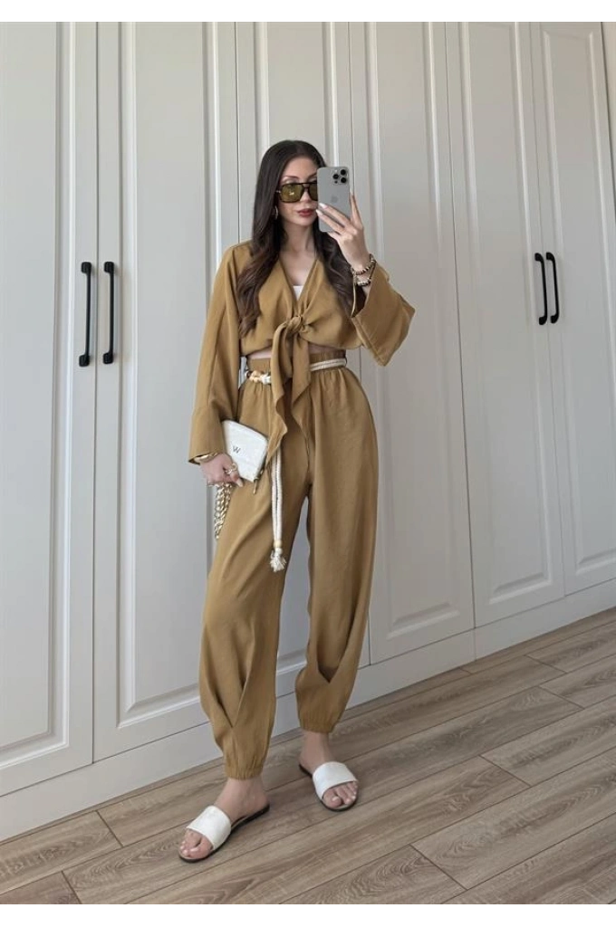 Ncy Bohem Kemerli Taba Crop Tensel Takım