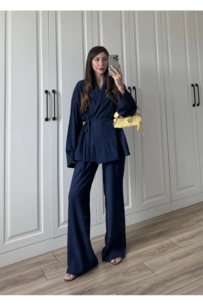 Nero Krinkıl Lacivert Şal Yaka Kimono Takım