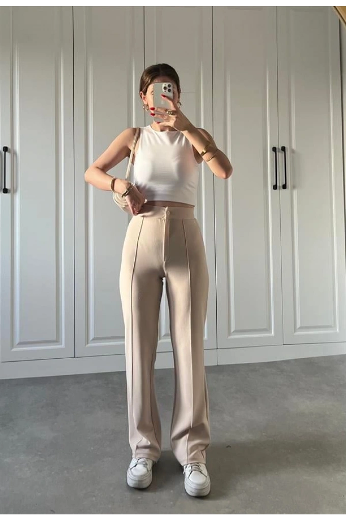 Nervür Dikişli Likralı Yüksekbel Taş Pantolon