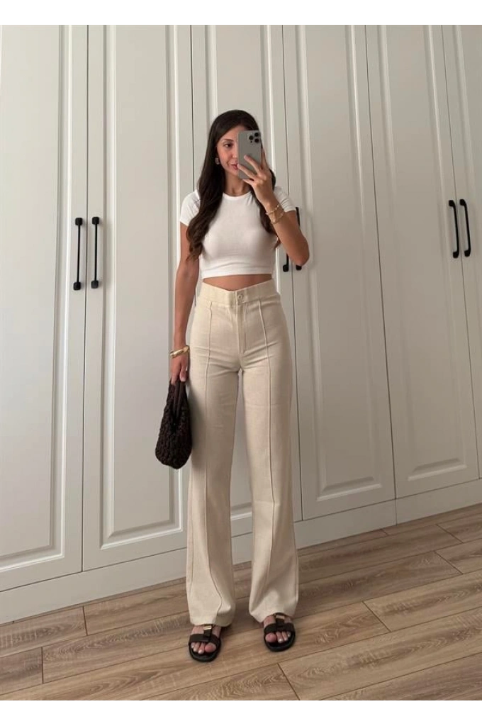 Nervür Dikişli Yükselbel Keten Pantolon