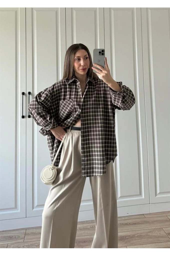 Noble Oversize Acı Kahve Kare Ekose Gömlek