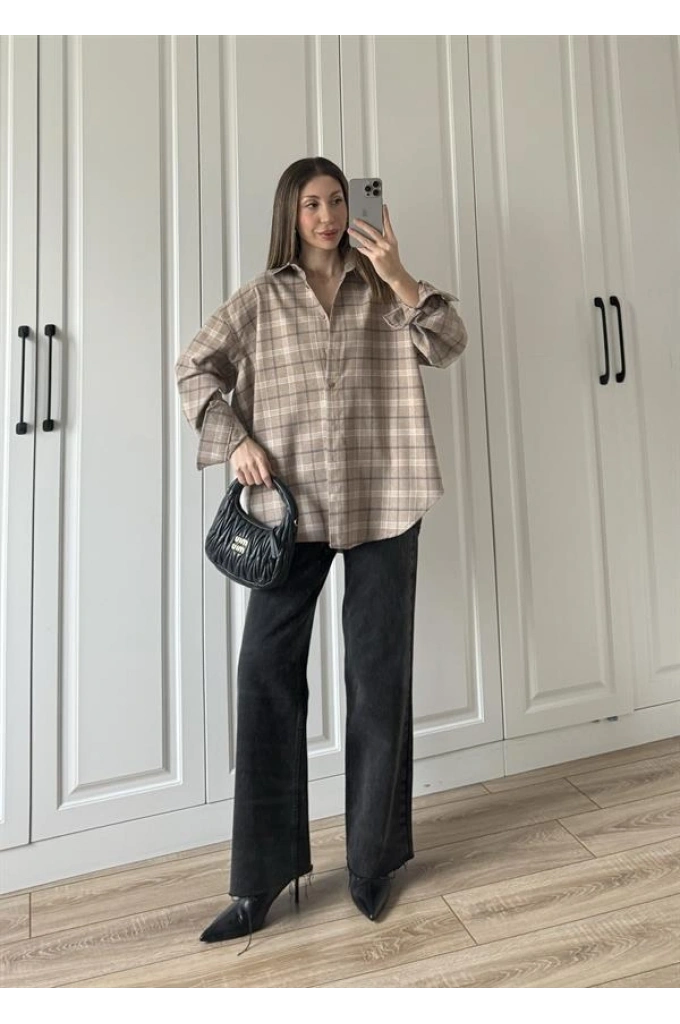 Noble Oversize Bej Ekose Gömlek