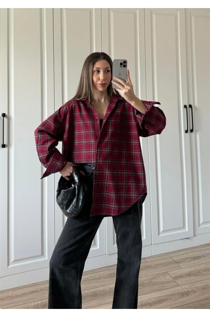 Noble Oversize Bordo Ekose Gömlek