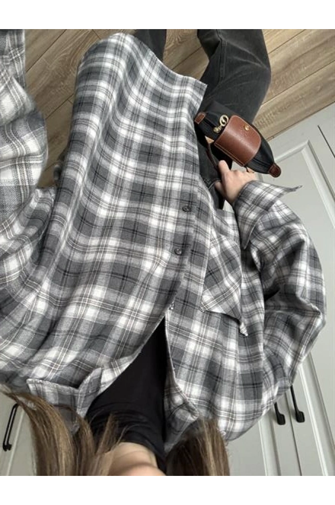 Noble Oversize Gri Ekose Gömlek