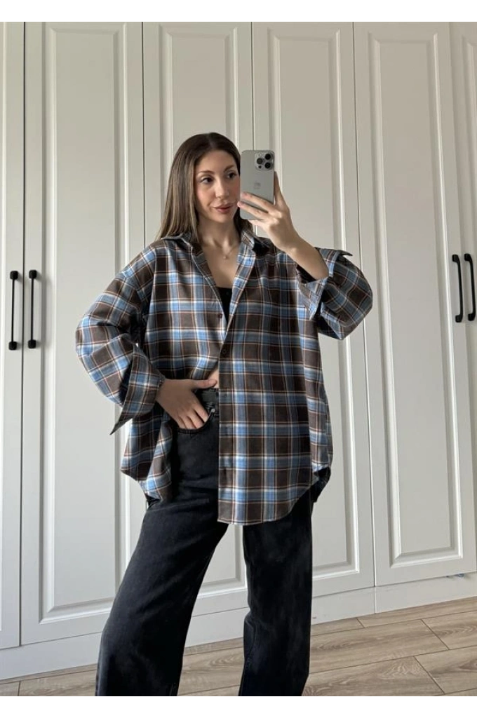 Noble Oversize Mavi Ekose Gömlek