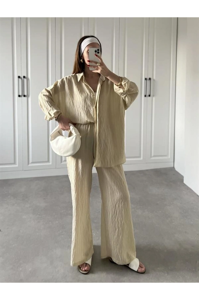 Nora İthal Kumaş Krem Gömlek Takım