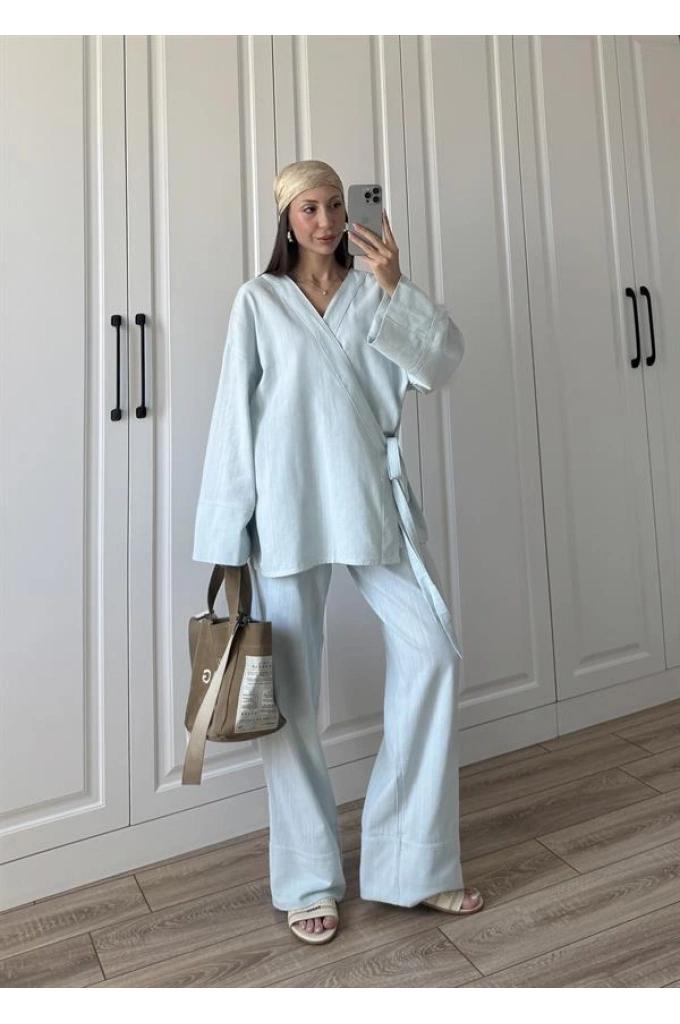 Nuba Yandan Bağlamalı Mavi Keten Takım
