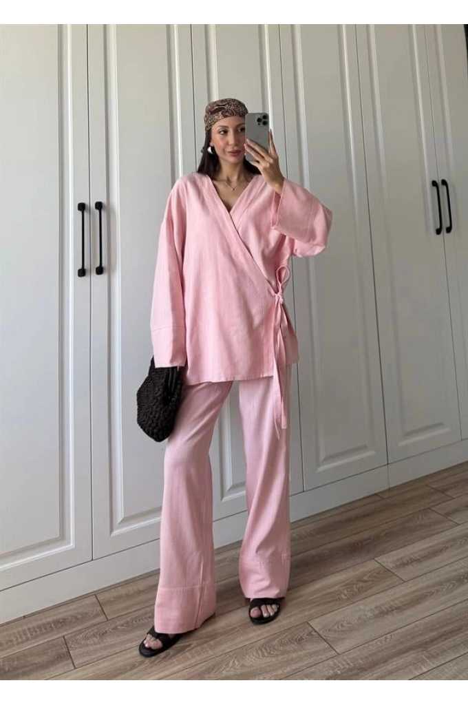 Nuba Yandan Bağlamalı Pembe Keten Takım