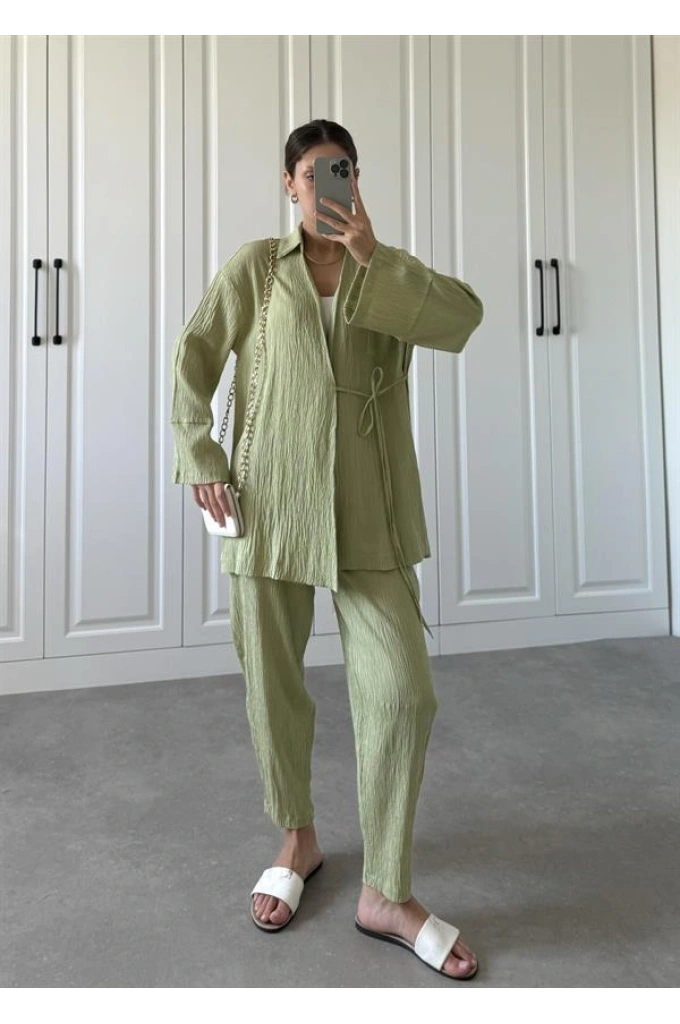 Nude Yeşili Gofre Bağlamalı Kimono Takım