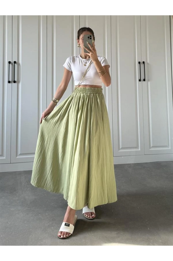 Nude Yeşili Krinkıl Gofre Astarlı Etek