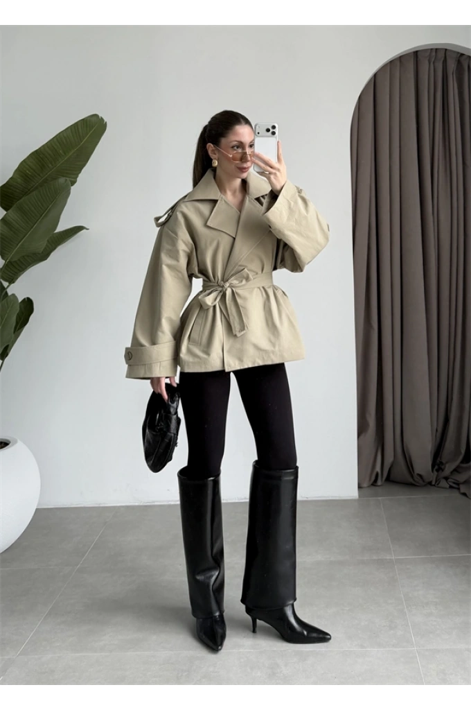 Nuve Premium Astarlı Açık Haki Trençkot